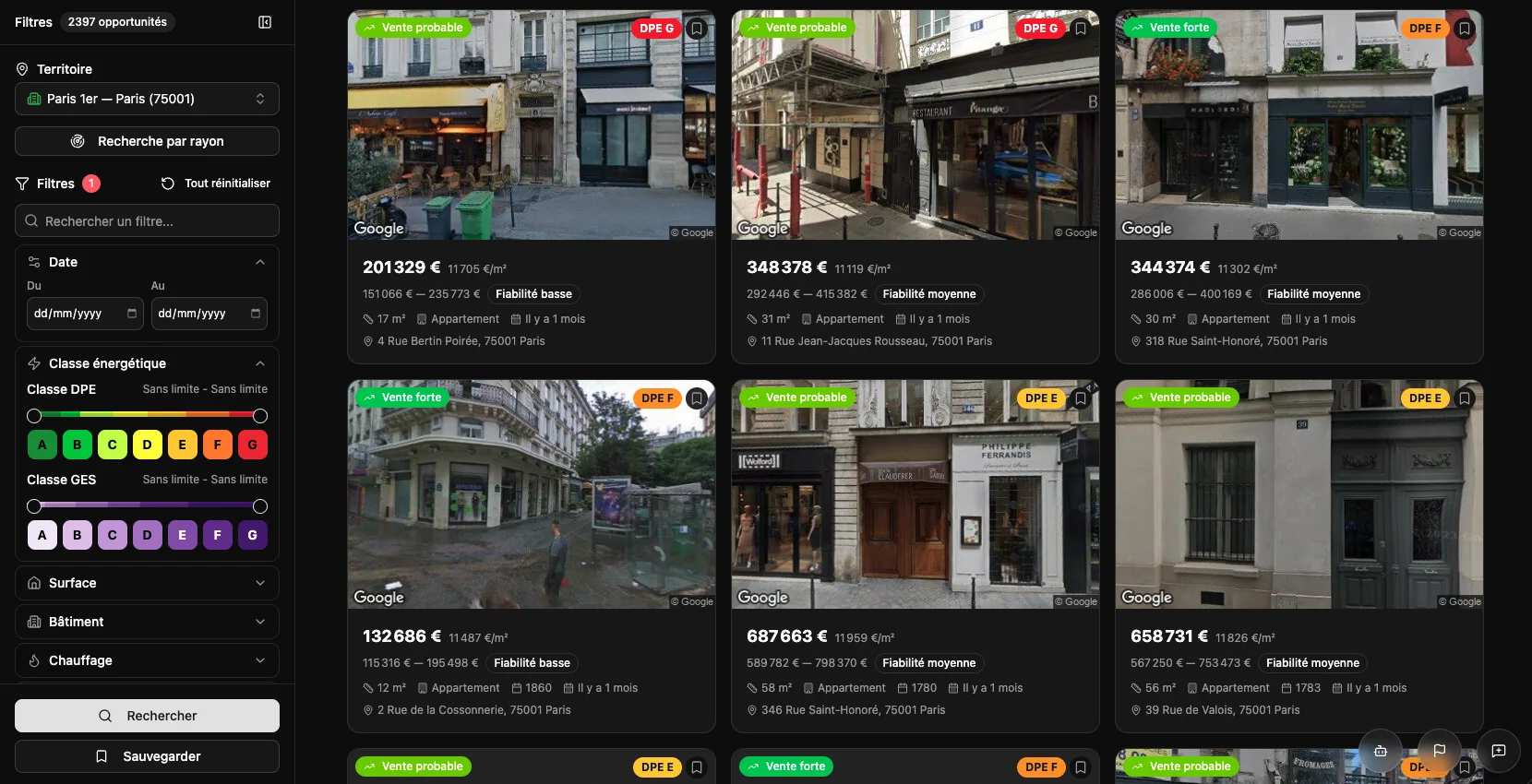 Interface Patronome — vue liste pré-market avec fiches biens, photos Street View, prix et classe DPE