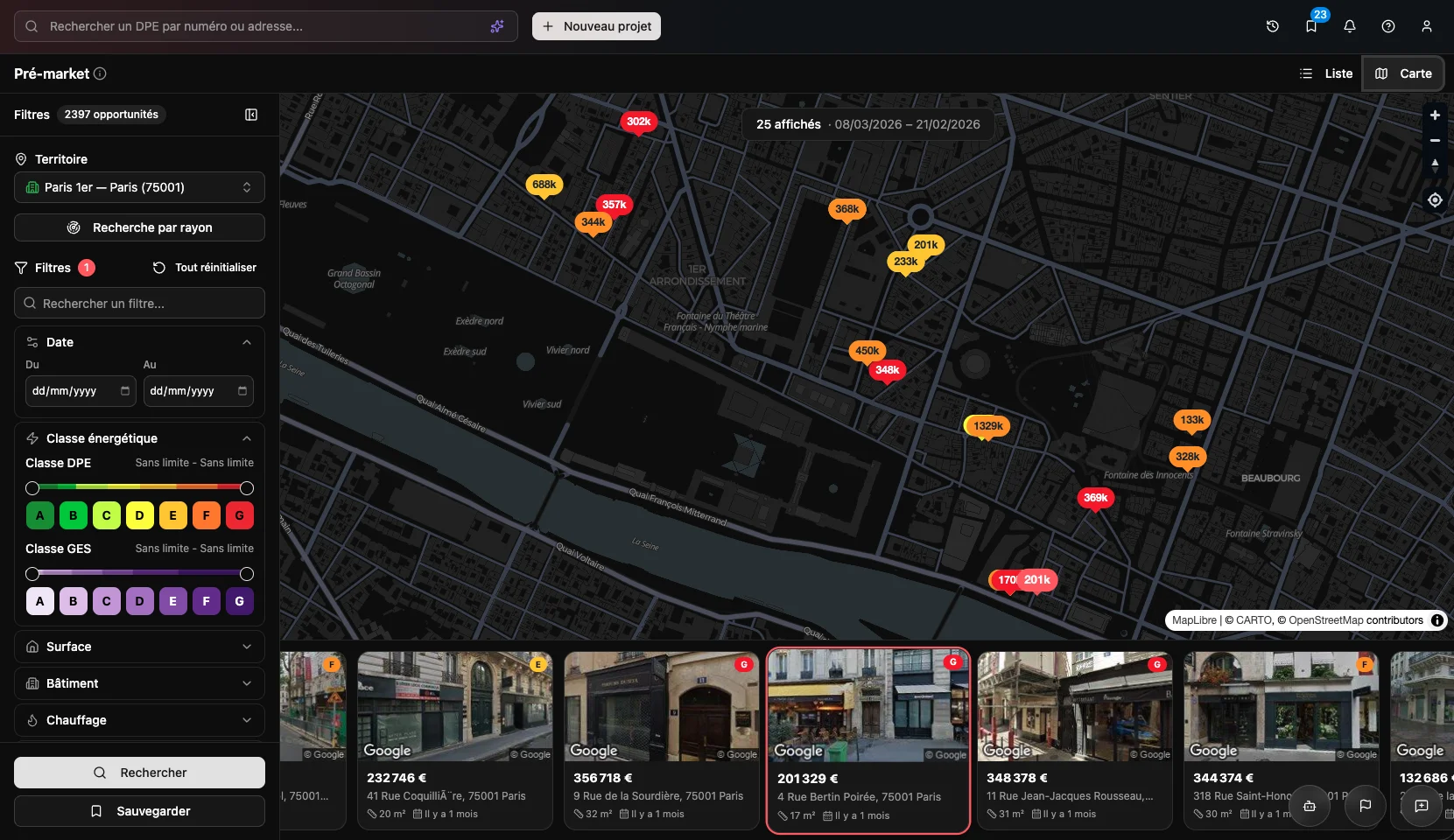 Interface Patronome — carte pré-market avec filtres DPE, surface, chauffage et prix estimés par bien